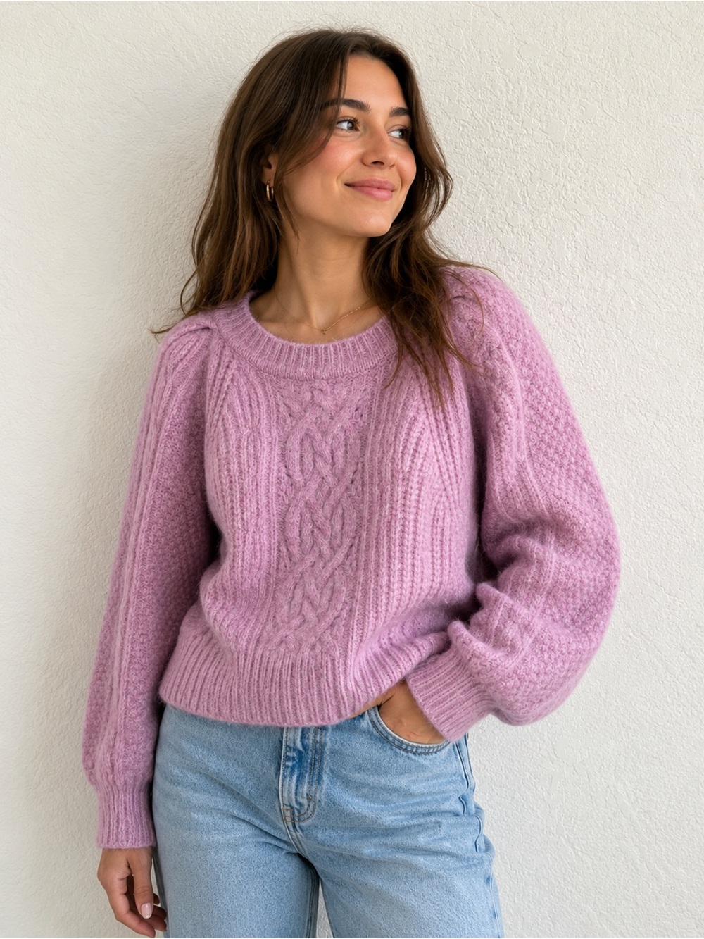 ASTR The Label Celtic Cable Chunky Knit Sweater In Lilac Pink Purple XL